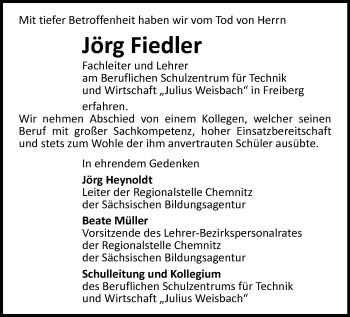 Todesanzeige von Jörg Fiedler von Freiberg / Brand Erbisdorf