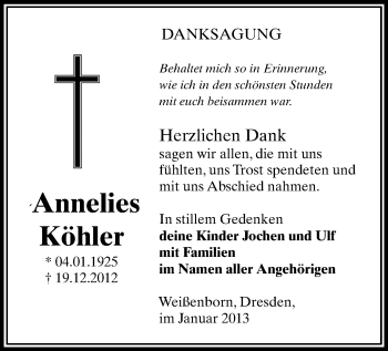 Todesanzeige von Annelies Köhler von Freiberg / Brand Erbisdorf