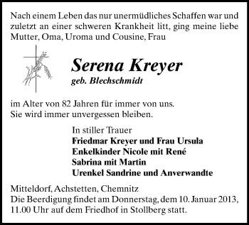 Todesanzeige von Serena Kreyer von Stollberg
