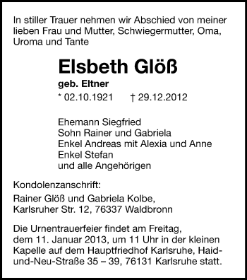Todesanzeige von Elsbeth Glöß von Freiberg / Brand Erbisdorf