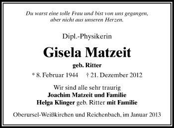 Todesanzeige von Gisela Matzeit von Reichenbach