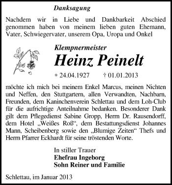 Todesanzeige von Heinz Peinelt von Annaberg
