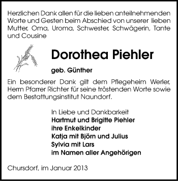 Todesanzeige von Dorothea Piehler von Werdau