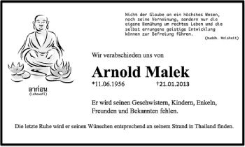 Todesanzeige von Arnold Malek von Annaberg