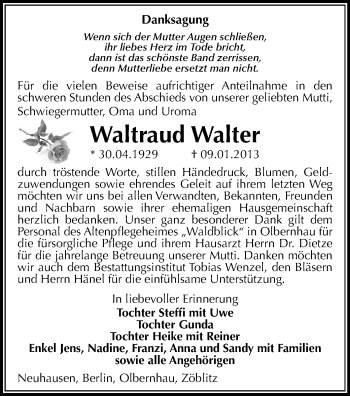 Todesanzeige von Waltraud Walter von Marienberg, Freiberg / Brand Erbisdorf