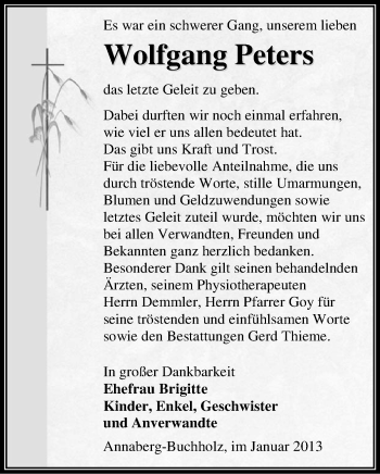 Todesanzeige von Wolfgang Peters von Annaberg