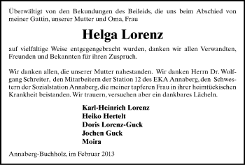 Todesanzeige von Helga Lorenz von Annaberg