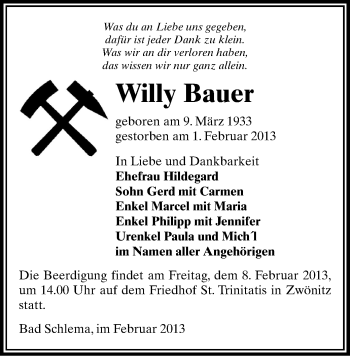 Todesanzeige von Willy Bauer von Aue