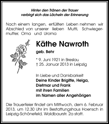 Todesanzeige von Käthe Nawroth von Reichenbach