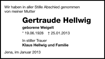 Todesanzeige von Gertraude Hellwig von Freiberg / Brand Erbisdorf