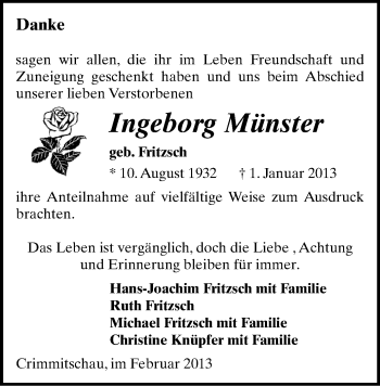 Todesanzeige von Ingeborg Münster von Werdau