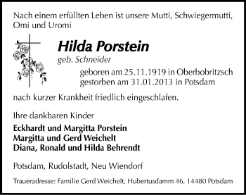 Todesanzeige von Hilda Porstein von Freiberg / Brand Erbisdorf
