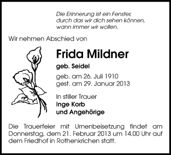 Todesanzeige von Frida Mildner von Auerbach, Aue