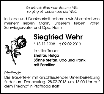 Todesanzeige von Siegfried Wehr von Marienberg
