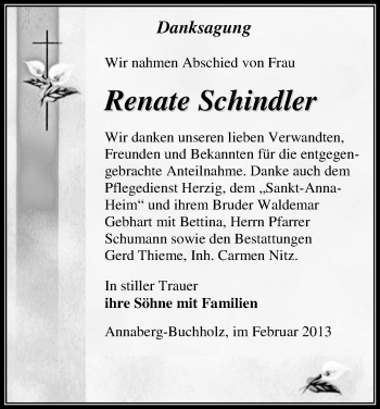 Todesanzeige von Renate Schindler von Annaberg