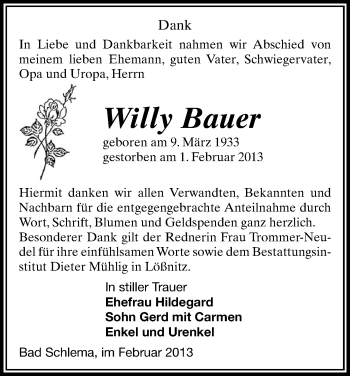 Todesanzeige von Willy Bauer von Aue