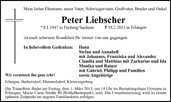 Todesanzeige von Peter Liebscher von Freiberg / Brand Erbisdorf