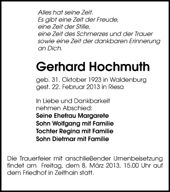 Todesanzeige von Gerhard Hochmuth von Glauchau