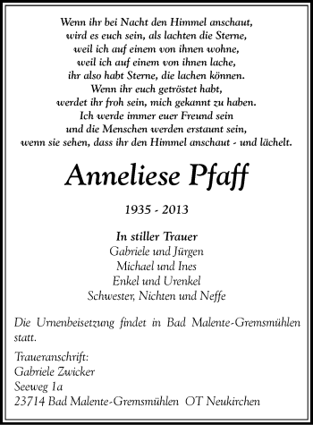 Todesanzeige von Anneliese Pfaff von Hohenstein-Ernstthal