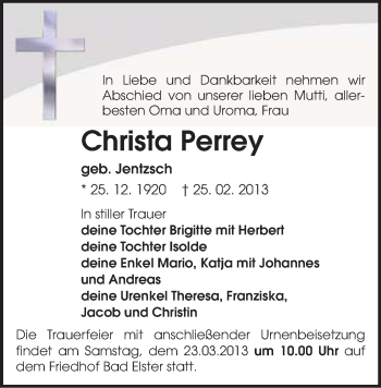 Todesanzeige von Christa Perrey von Oberes Vogtland