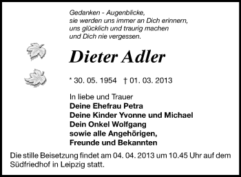 Todesanzeige von Dieter Adler von Oberes Vogtland