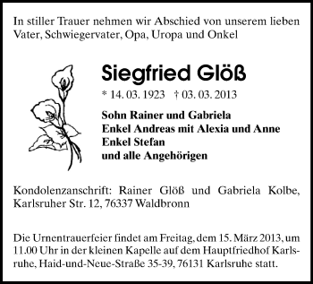 Todesanzeige von Siegfried Glöß von Freiberg / Brand Erbisdorf