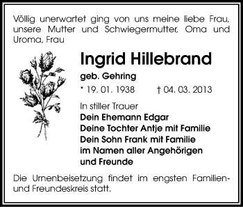 Todesanzeige von Ingrid Hillebrand von Rochlitz