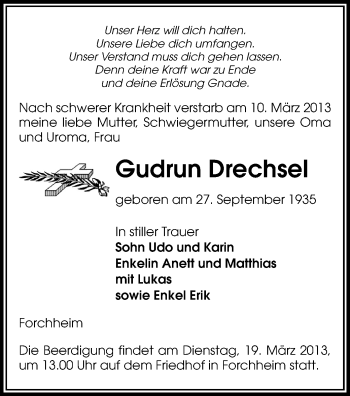 Todesanzeige von Gudrun Drechsel von Marienberg