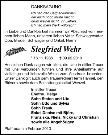 Todesanzeige von Siegfried Wehr von Freiberg / Brand Erbisdorf, Marienberg