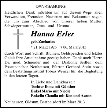 Todesanzeige von Hanna Erler von Freiberg / Brand Erbisdorf