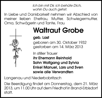 Todesanzeige von Waltraut Grobe von Freiberg / Brand Erbisdorf, Flöha