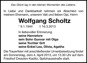 Todesanzeige von Wolfgang Scholtz von Freiberg / Brand Erbisdorf