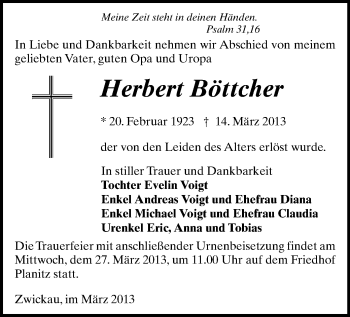 Todesanzeige von Herbert Böttcher von Zwickau