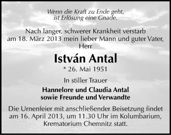 Todesanzeige von István Antal von Chemnitz