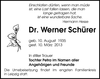 Todesanzeige von Werner Schürer von Glauchau