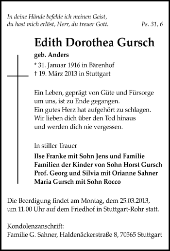 Todesanzeige von Edith Dorothea Gursch von Stollberg