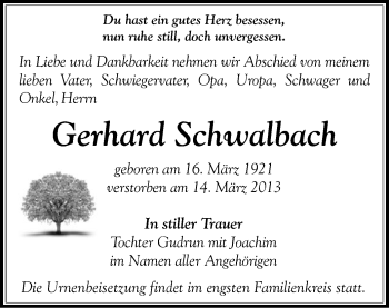 Todesanzeige von Gerhard Schwalbach von Hohenstein-Ernstthal
