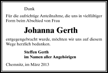Todesanzeige von Johanna Gerth von Chemnitz