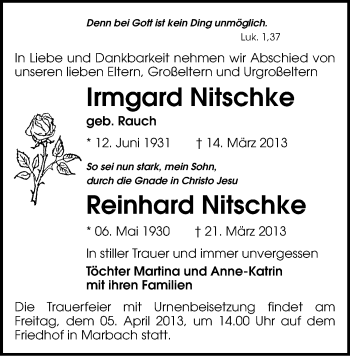 Todesanzeige von Irmgard Nitschke von Mittweida