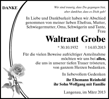 Todesanzeige von Waltraut Grobe von Freiberg / Brand Erbisdorf, Flöha