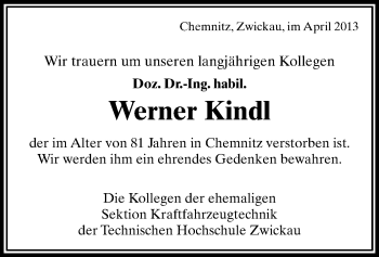 Todesanzeige von Werner Kindl von Chemnitz, Zwickau