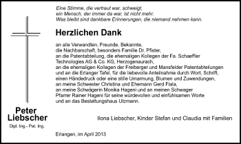Todesanzeige von Peter Liebscher von Chemnitz, Freiberg / Brand Erbisdorf