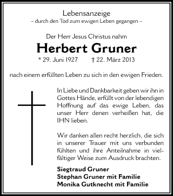 Todesanzeige von Herbert Gruner von Stollberg