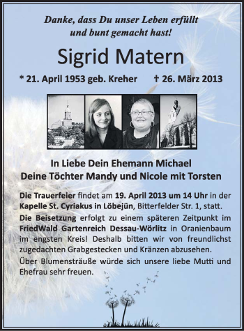 Todesanzeige von Sigrid Matern von Annaberg