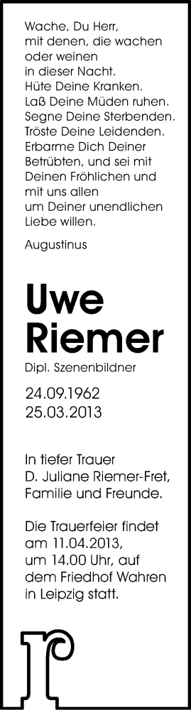 Todesanzeige von Uwe Riemer von Chemnitz