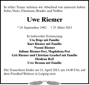 Todesanzeige von Uwe Riemer von Chemnitz