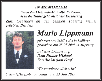 Todesanzeige von Mario Lippmann von Stollberg