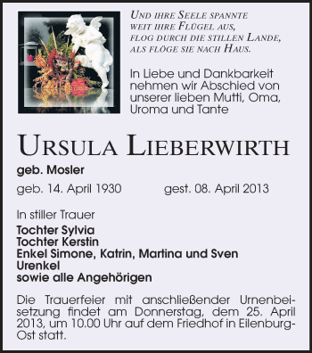 Todesanzeige von Ursula Lieberwirth von Zwickau