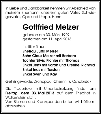 Todesanzeige von Gottfried Melzer von Zschopau