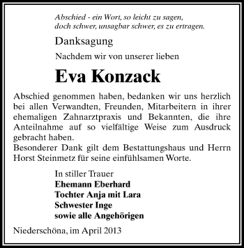 Todesanzeige von Eva Konzack von Freiberg / Brand Erbisdorf